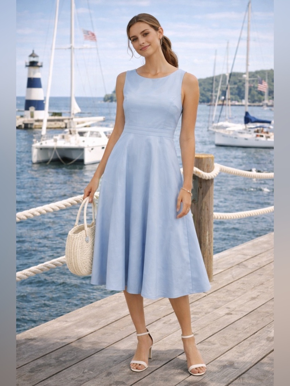 Calvin Klein Blue A-Line Midi Dress Wedding Guest Classic Elegant